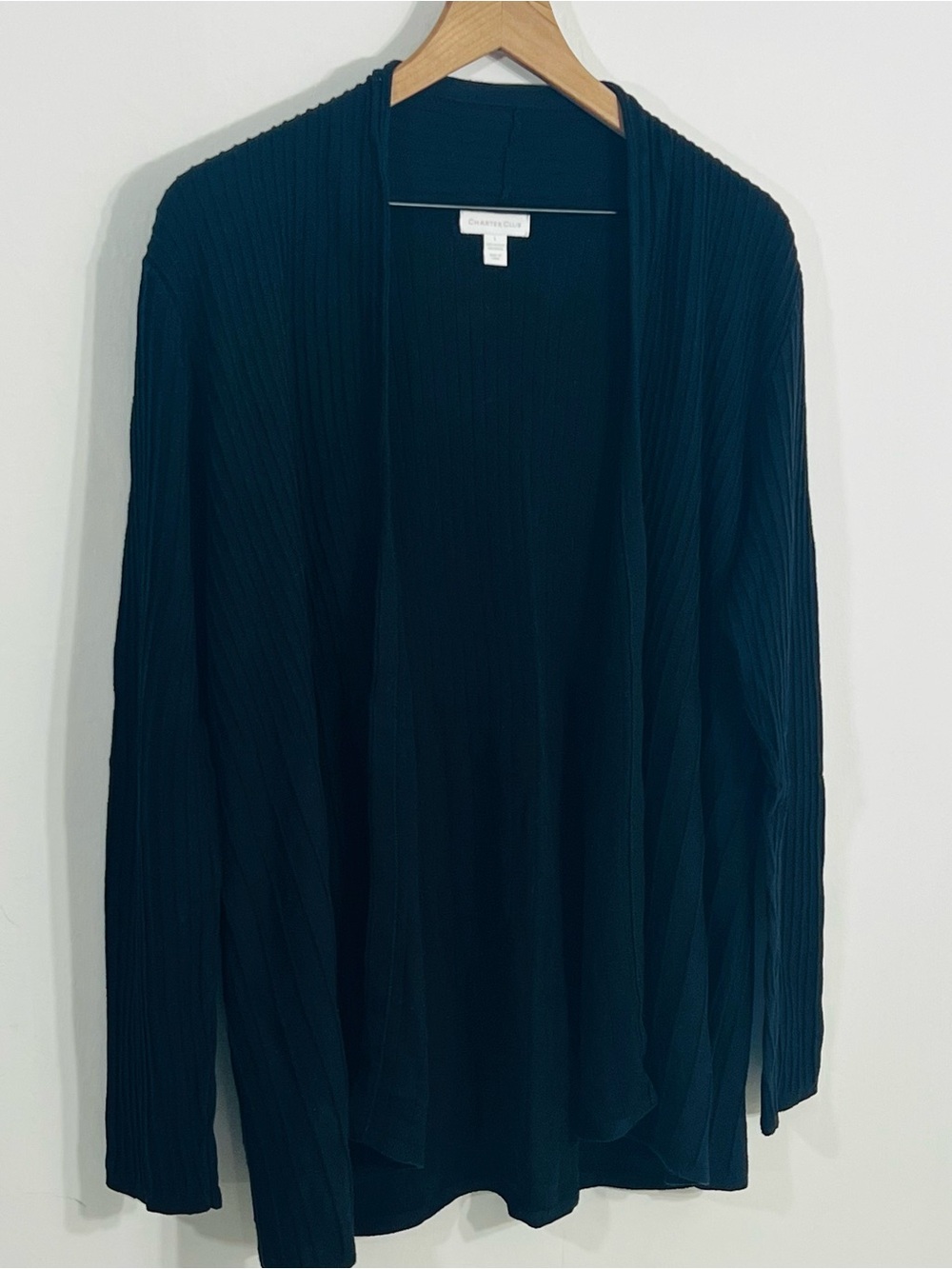 Charter Club Black Open Knit Cardigan Sweater Ribbed Comfy Casual Sz L Boho Chic